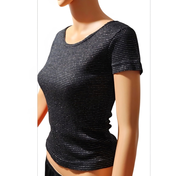 Elegant Black and Silver Striped Short Sleeve Top - Picture 3 of 6